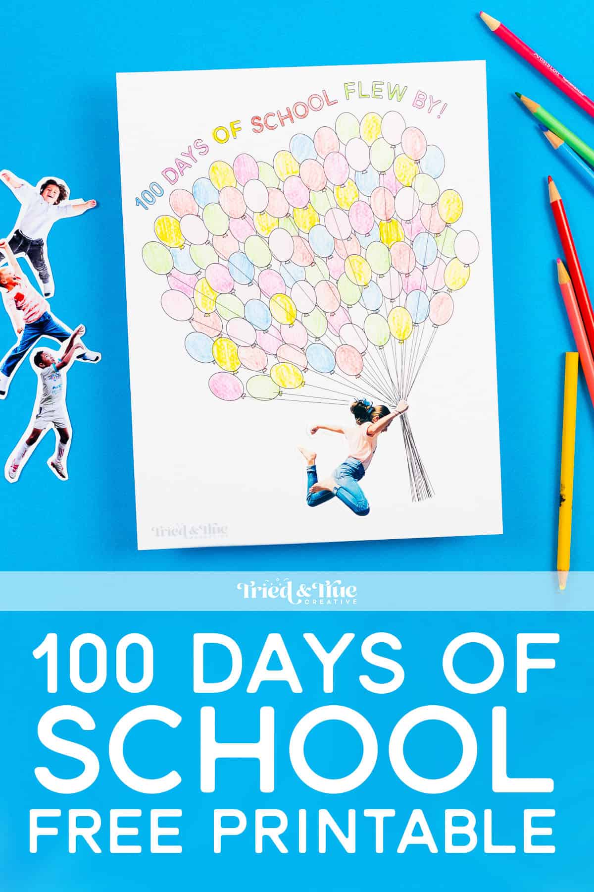 Image of the 100 days of school free printable on a blue background.