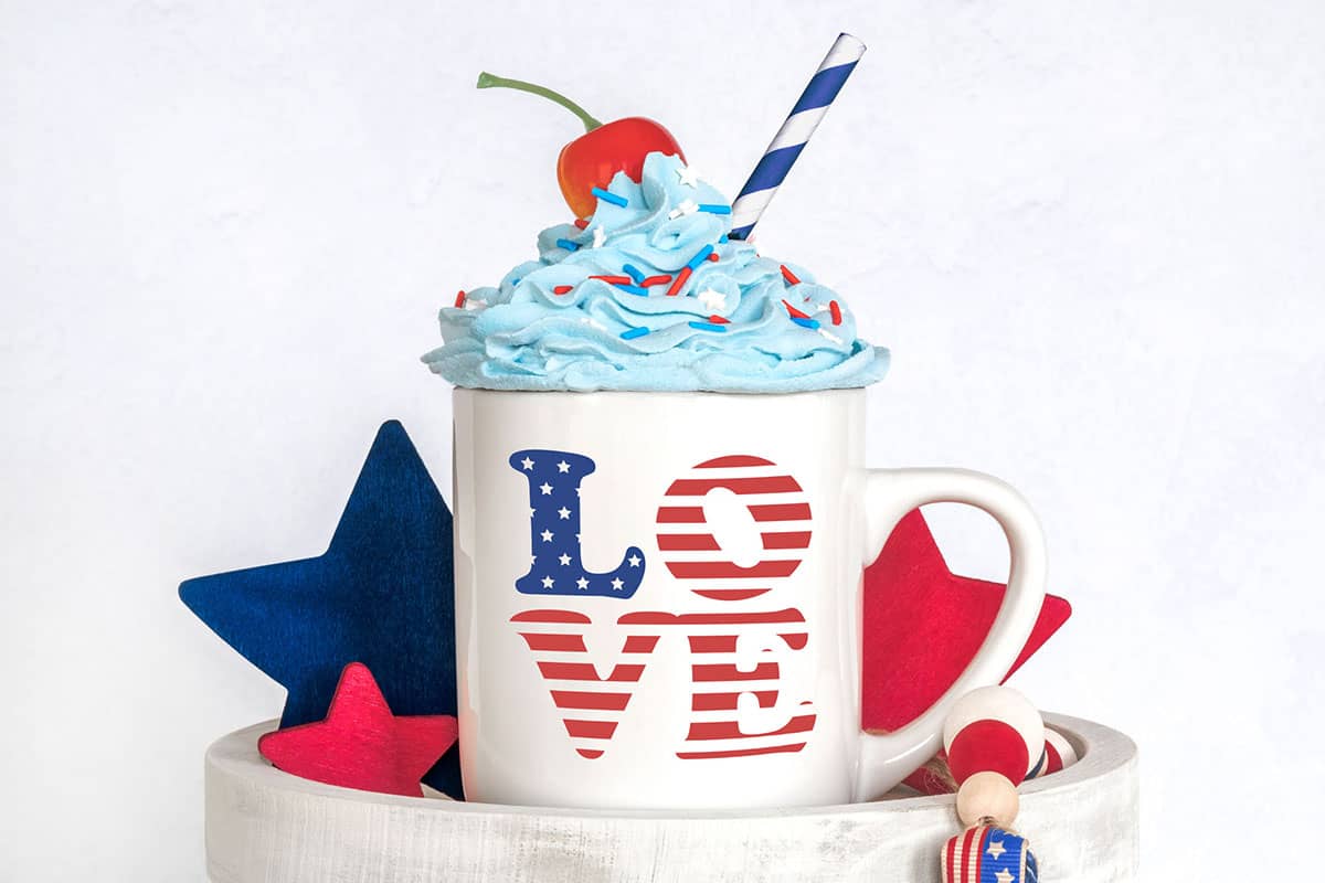 White mug with the Patriotic 4th of July Love Free SVG on it.