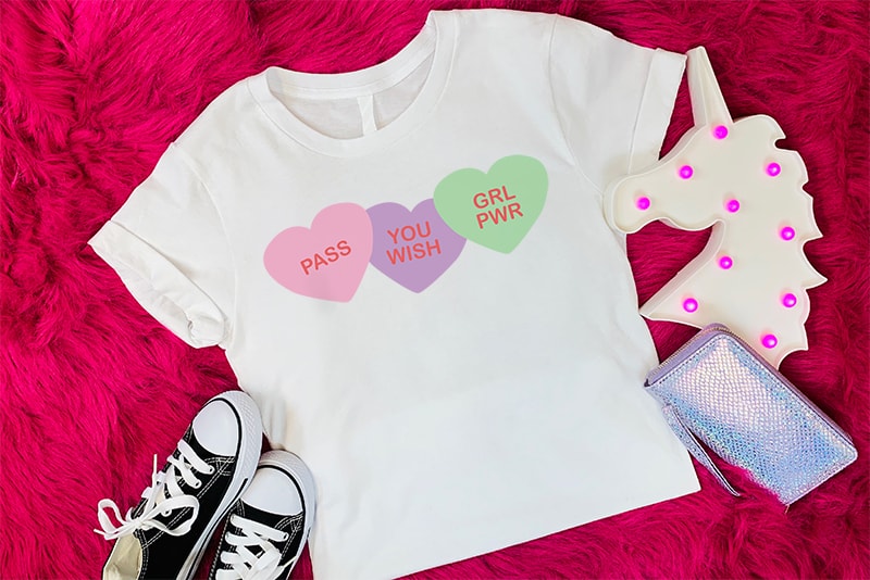 T-shirt with sarcastic conversation hearts on it.