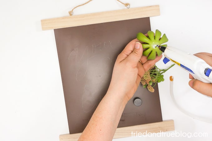 Gluing succulents to magnets.