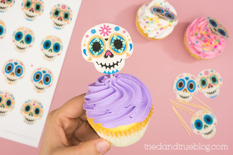 Hand holding purple cupcake with Sugar Skull Topper.