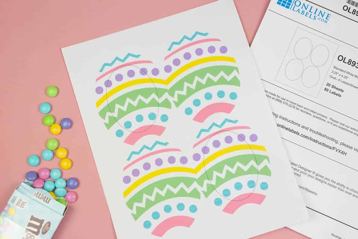 Sheet of oval labels printed with Easter egg designs.