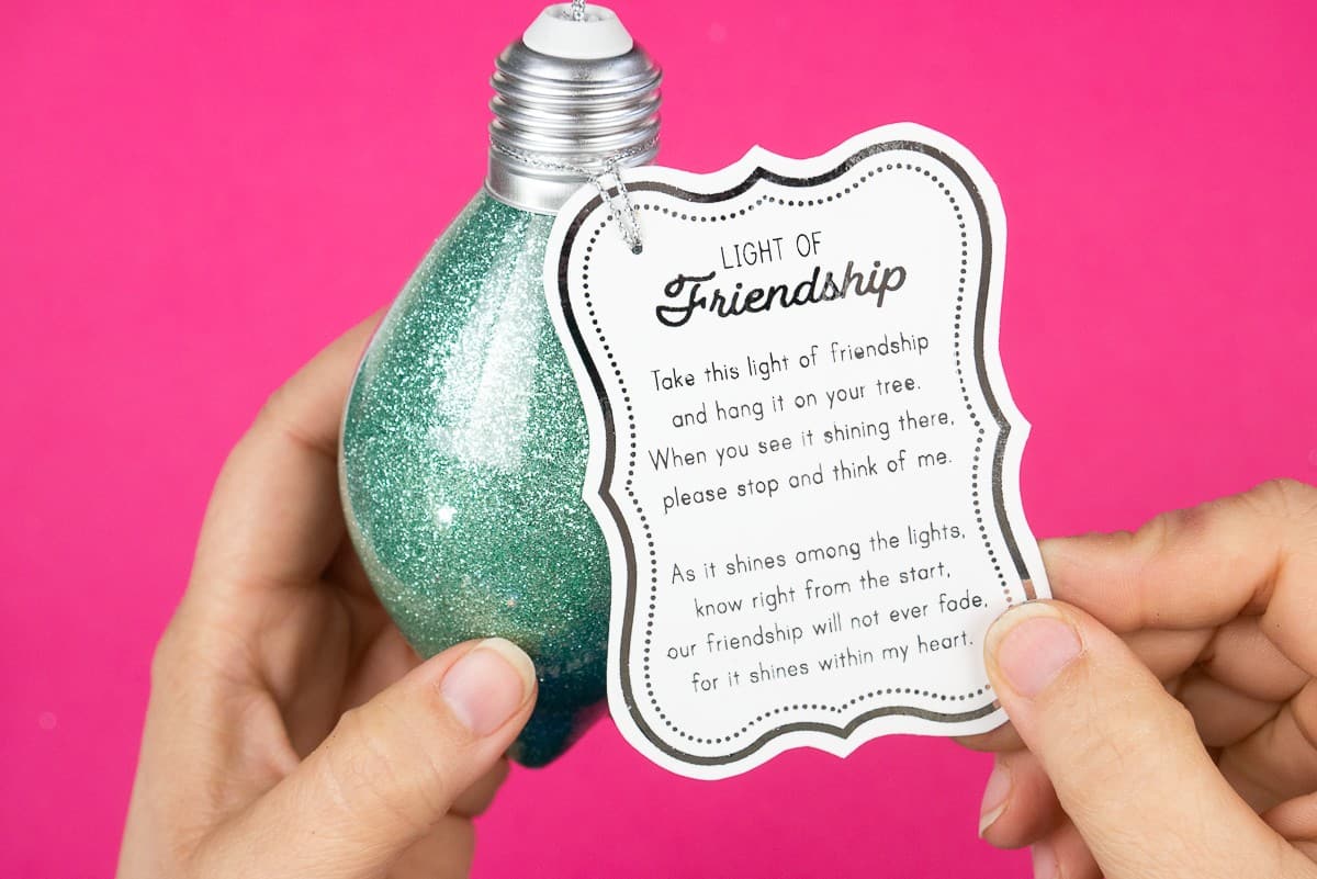 Hand holding a glitter ornament with a white tag that explains the 