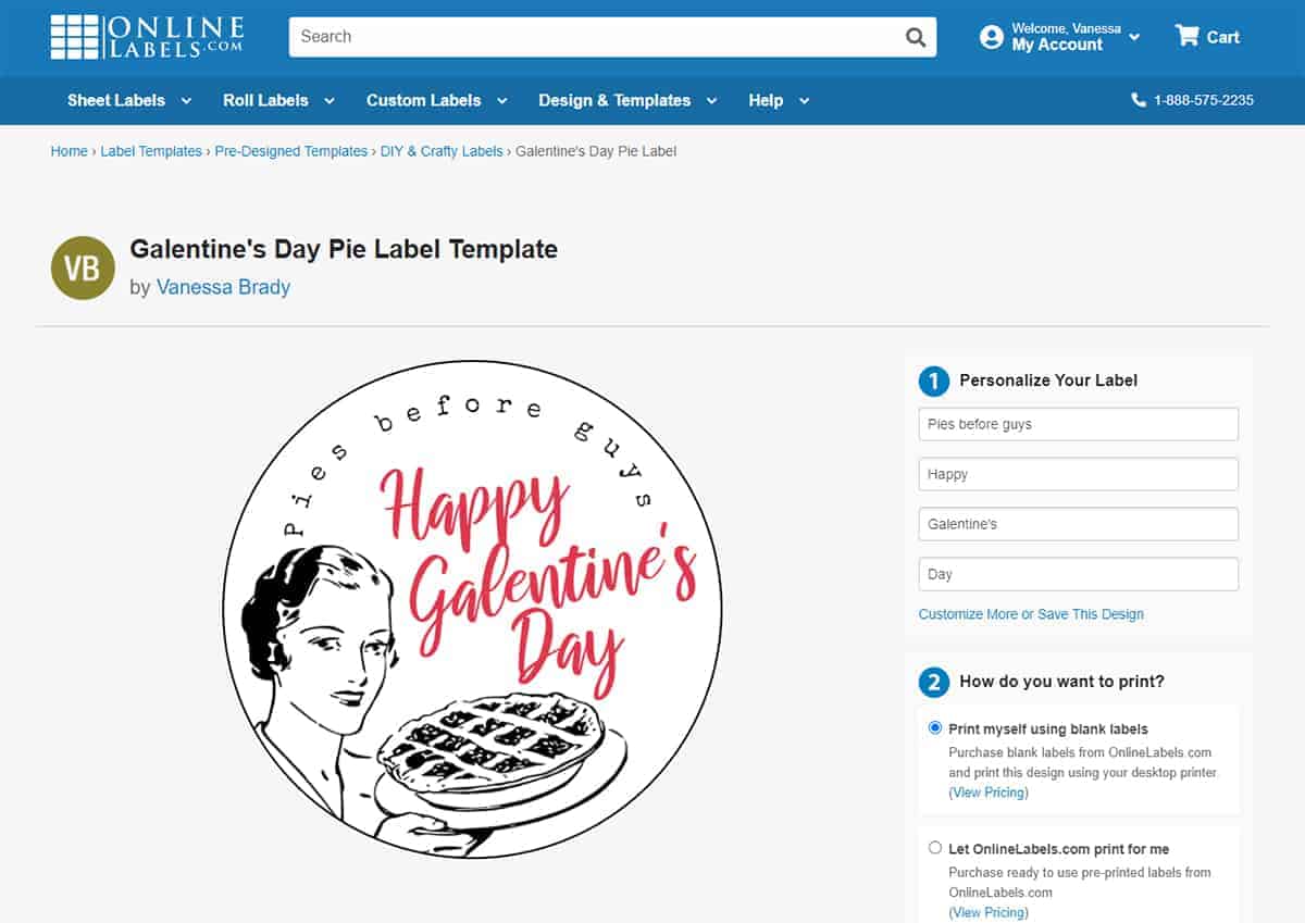 Screen shot of OnlineLabels.com's Free Galentine's Day Pie Label.