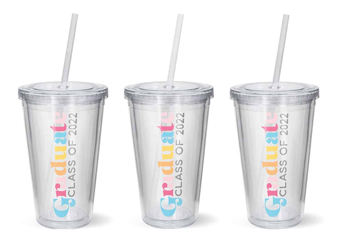 Three tumblers with straws and the Graduate free svg file.
