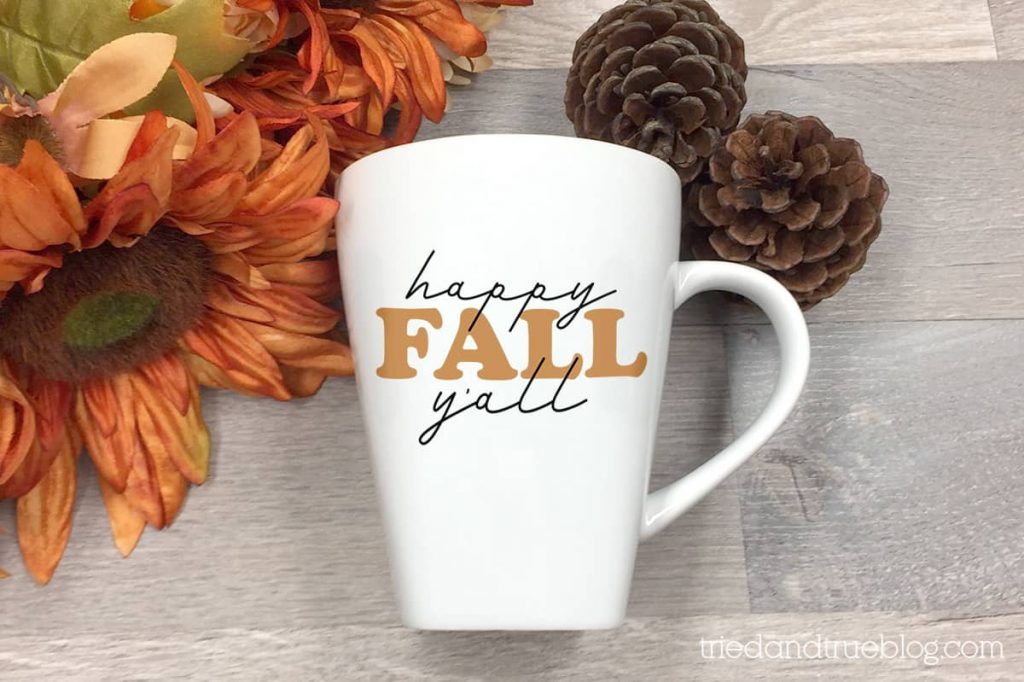 Happy Fall Y'all free svg on a white mug.