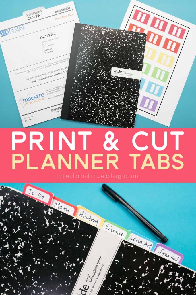 Image of supplies needed to make planner tabs with Cricut and finished product.