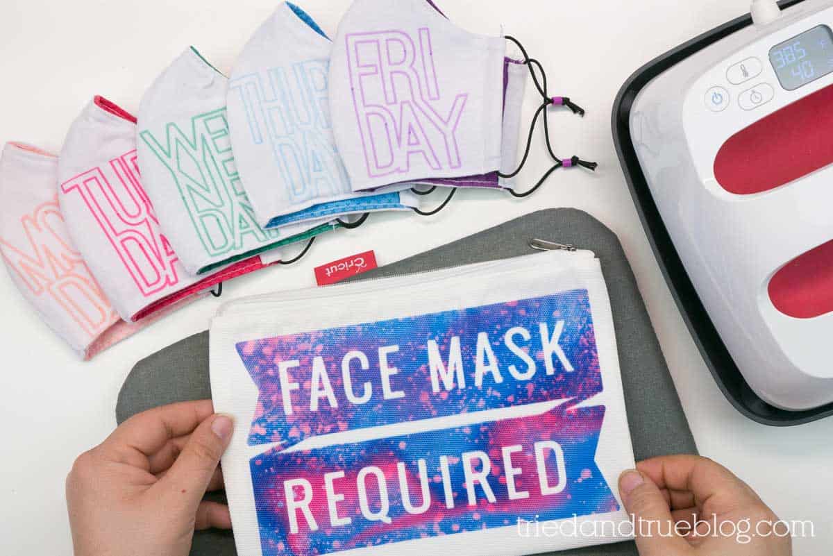 Five back to school masks with the days of the week printed on them.
