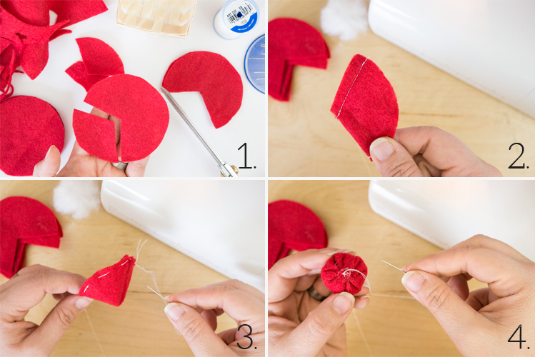 Four picture collage of a hand sewing a felt strawberry.