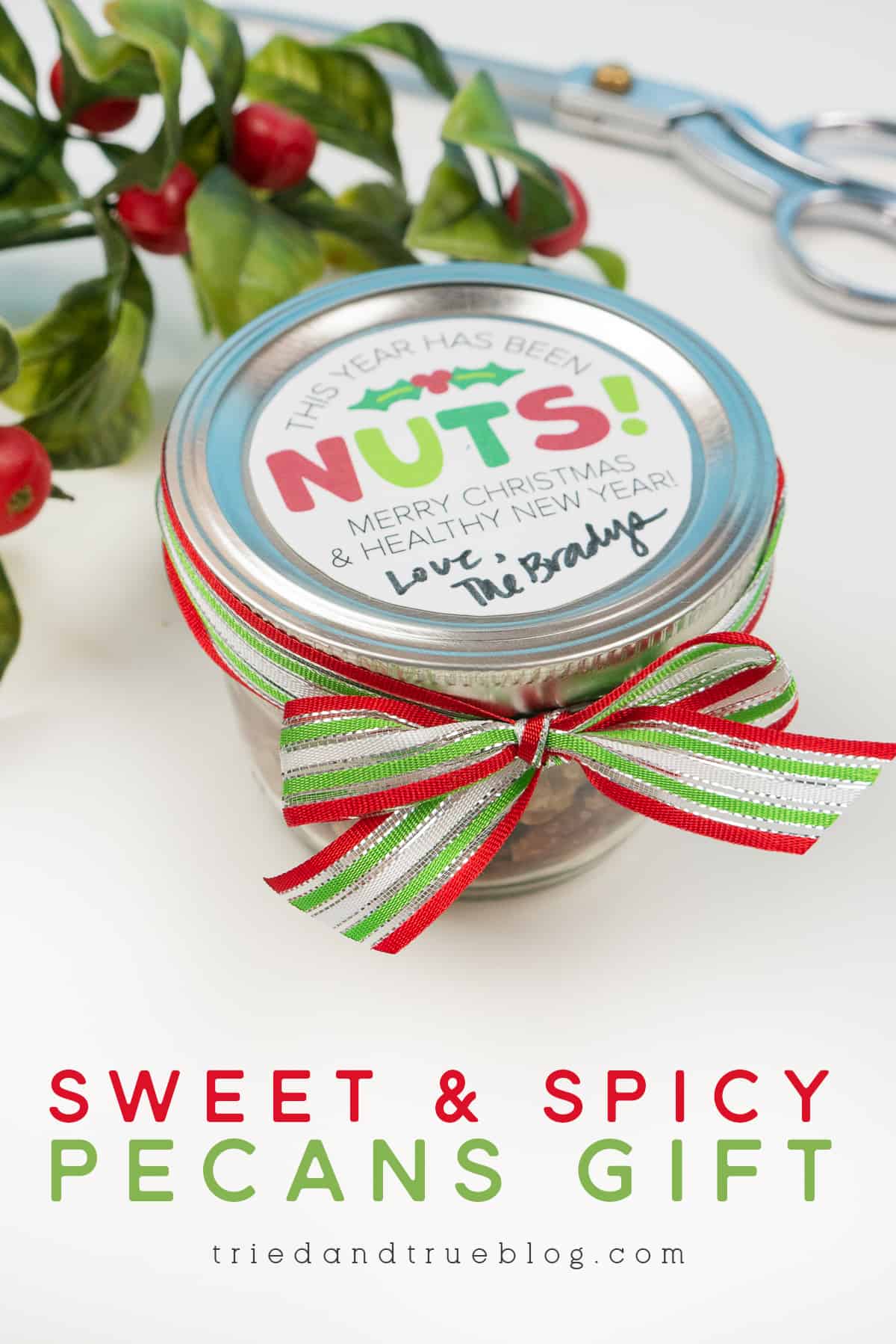 Jar of Air Fryer Sweet & Spicy Pecans with gift tag.