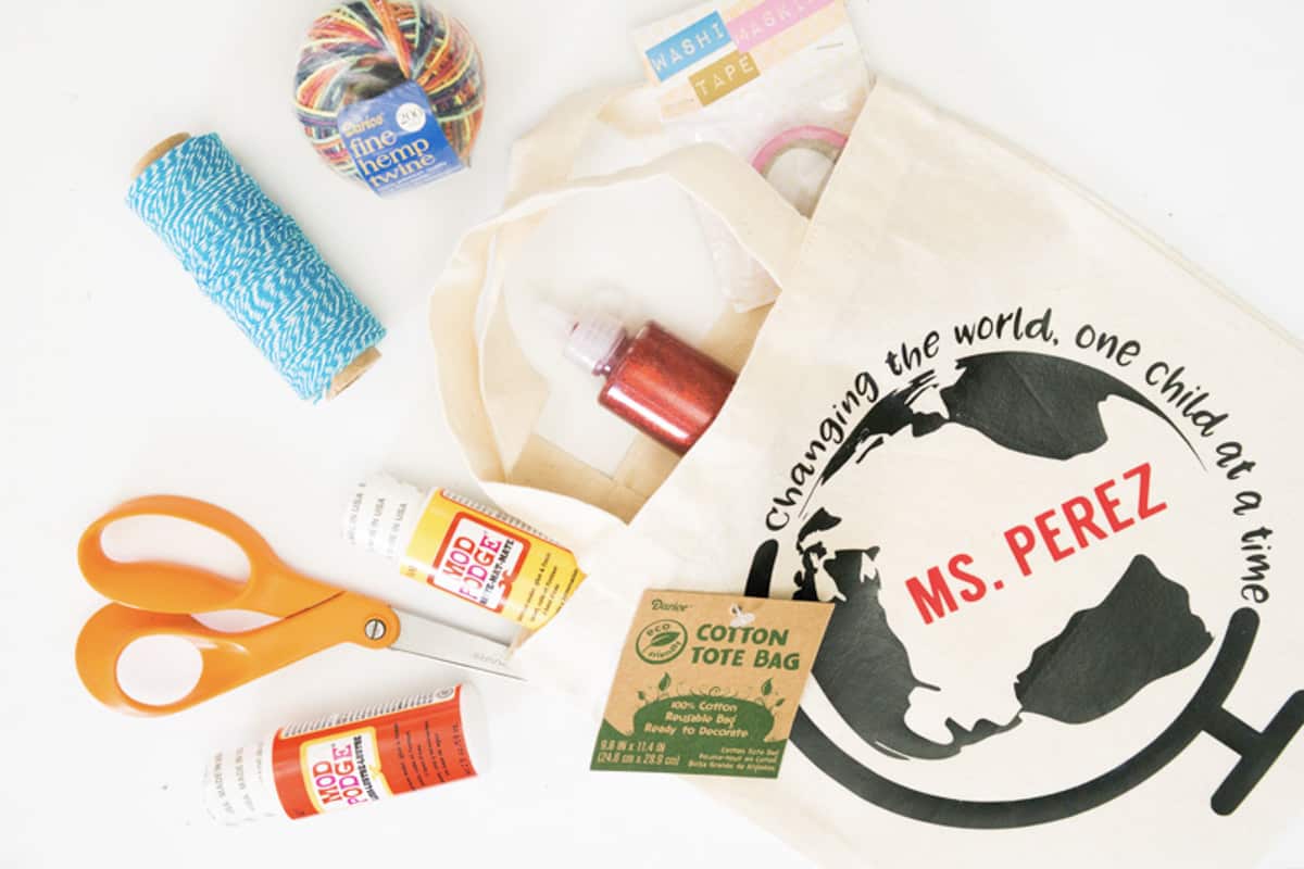 Teacher back to school gift bag with craft supplies