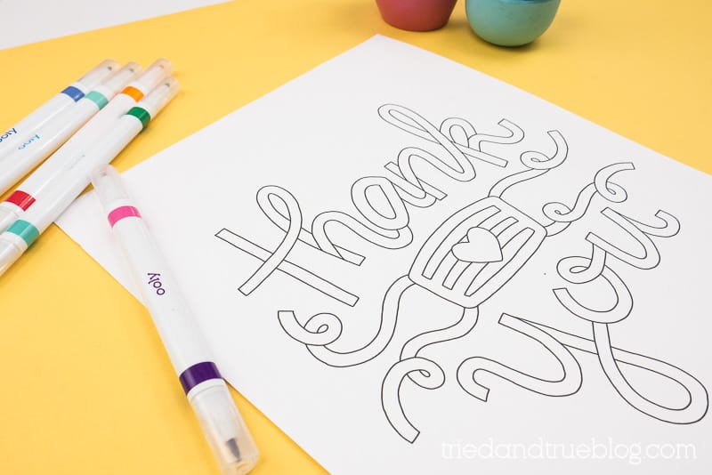 Close up of the Thank You Essentials Coloring Page.