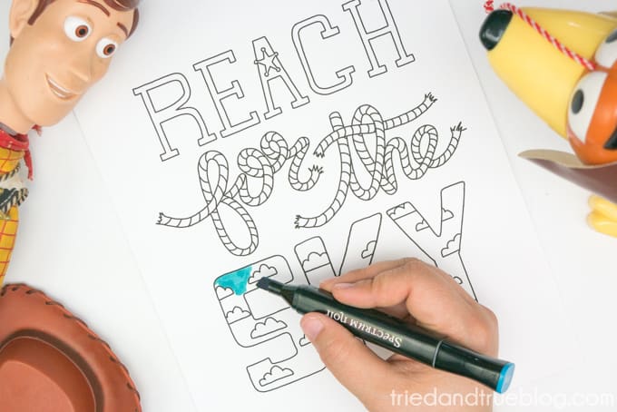 Hand coloring in "Reach for the Sky" free printable.