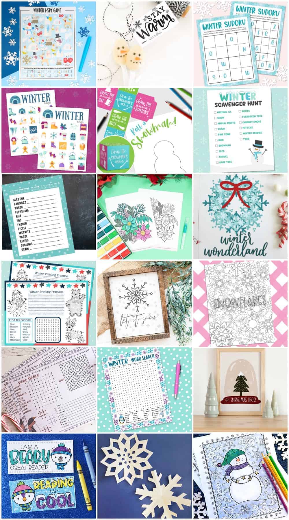 Collage of winter themed free printables.