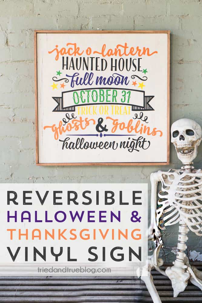 Skeleton sitting on bench in front of Reversible Halloween & Thanksgiving Cricut Vinyl Sign